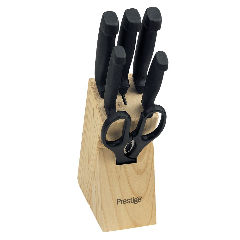 Prestige 7 Piece Kitchen Knife Set with Wooden Block - Black & Silver - Billjumla.com